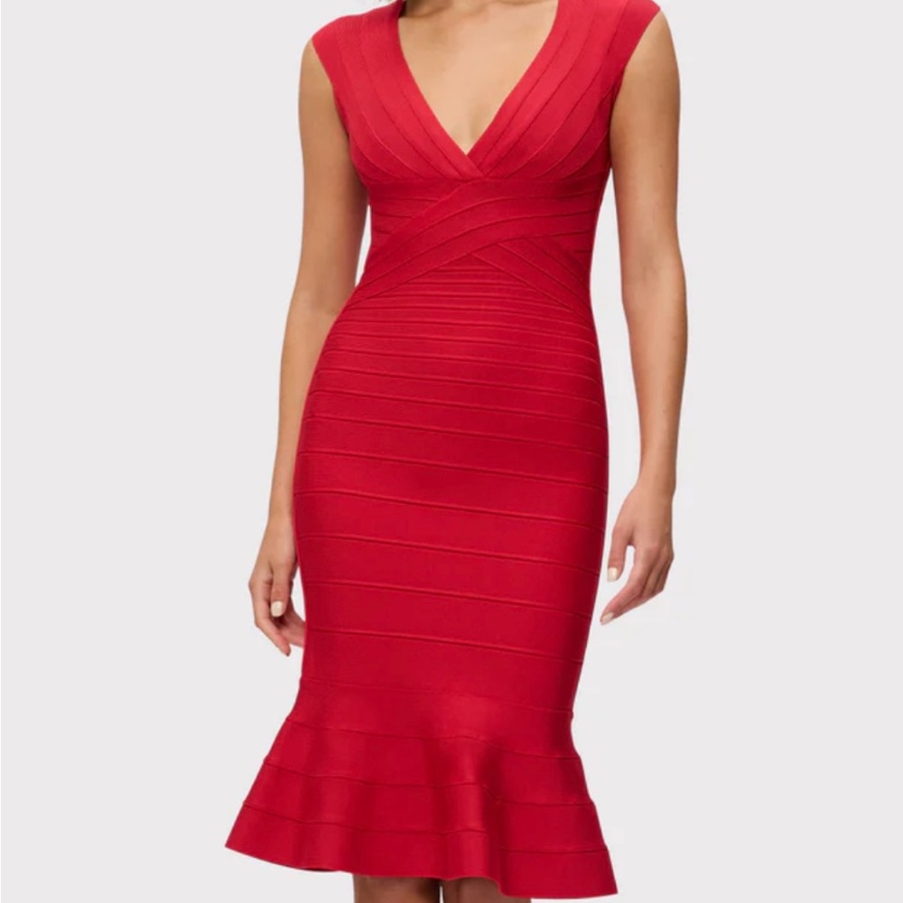 Herve Leger Red Ribbed V-Neck Cocktail Dress